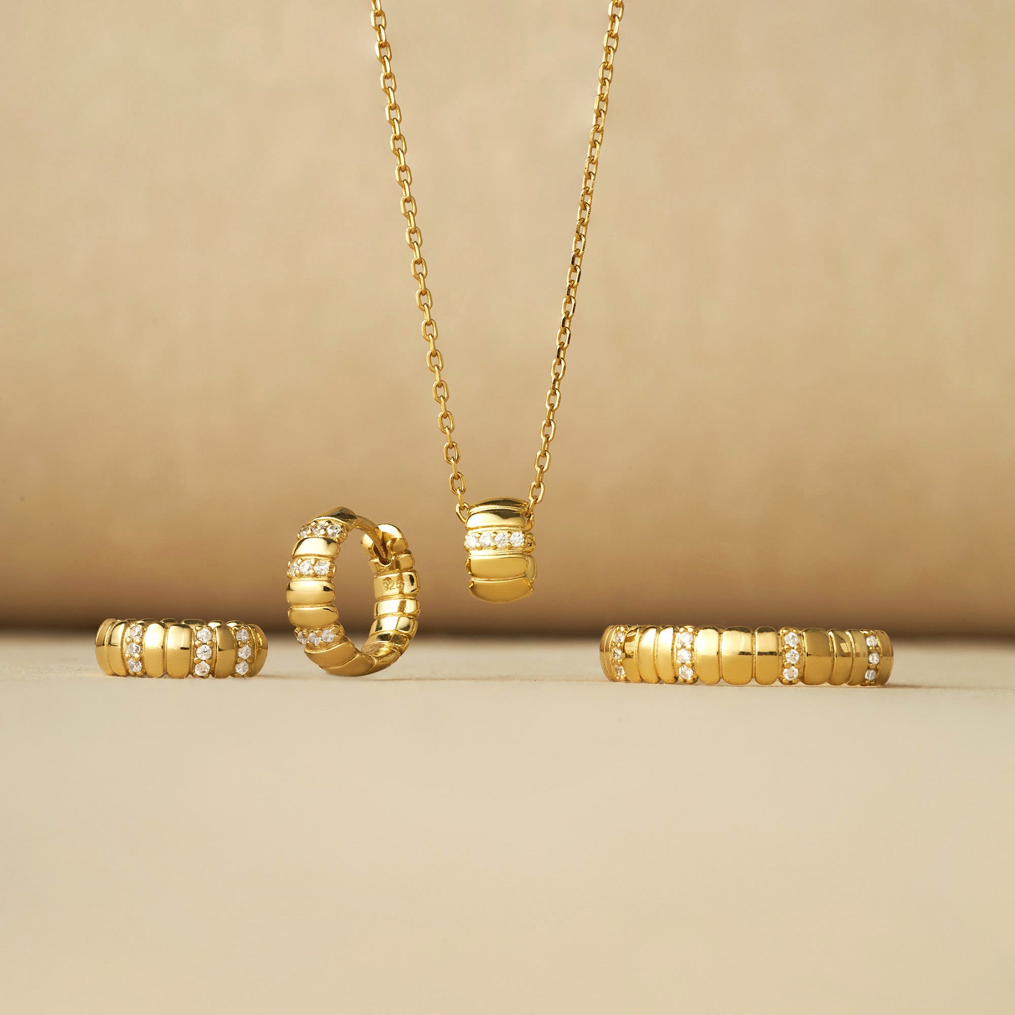 Oval Rondelle Tile Textures + Pave CZ Necklace