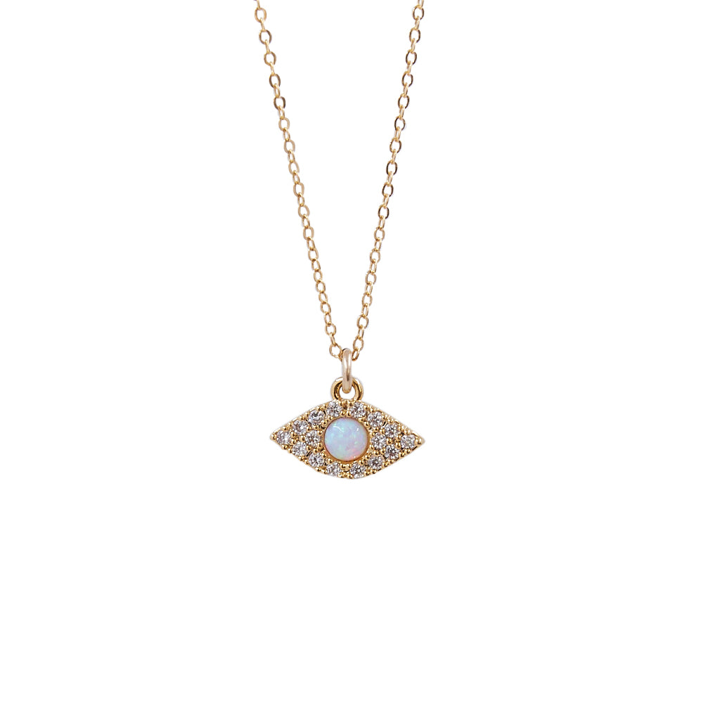 CZ Pave Evil Eye + Opal Pendant Necklace