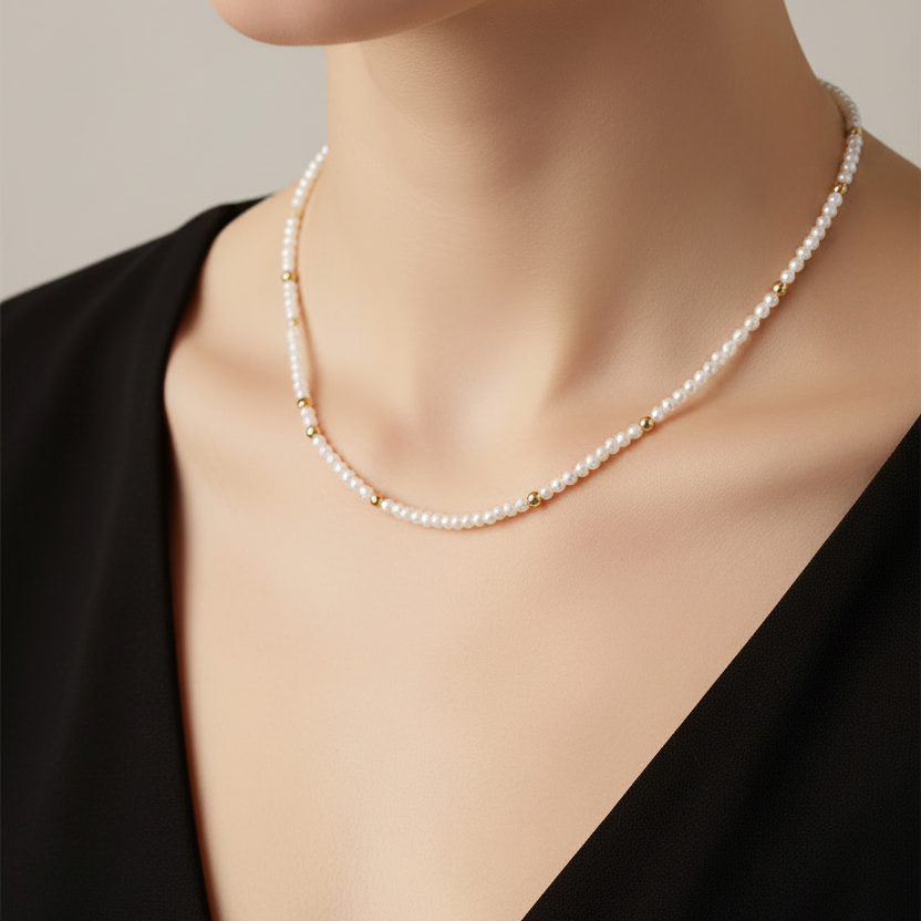 Strand Fresh Water Pearls + Gold Beads Choker Collar Necklace