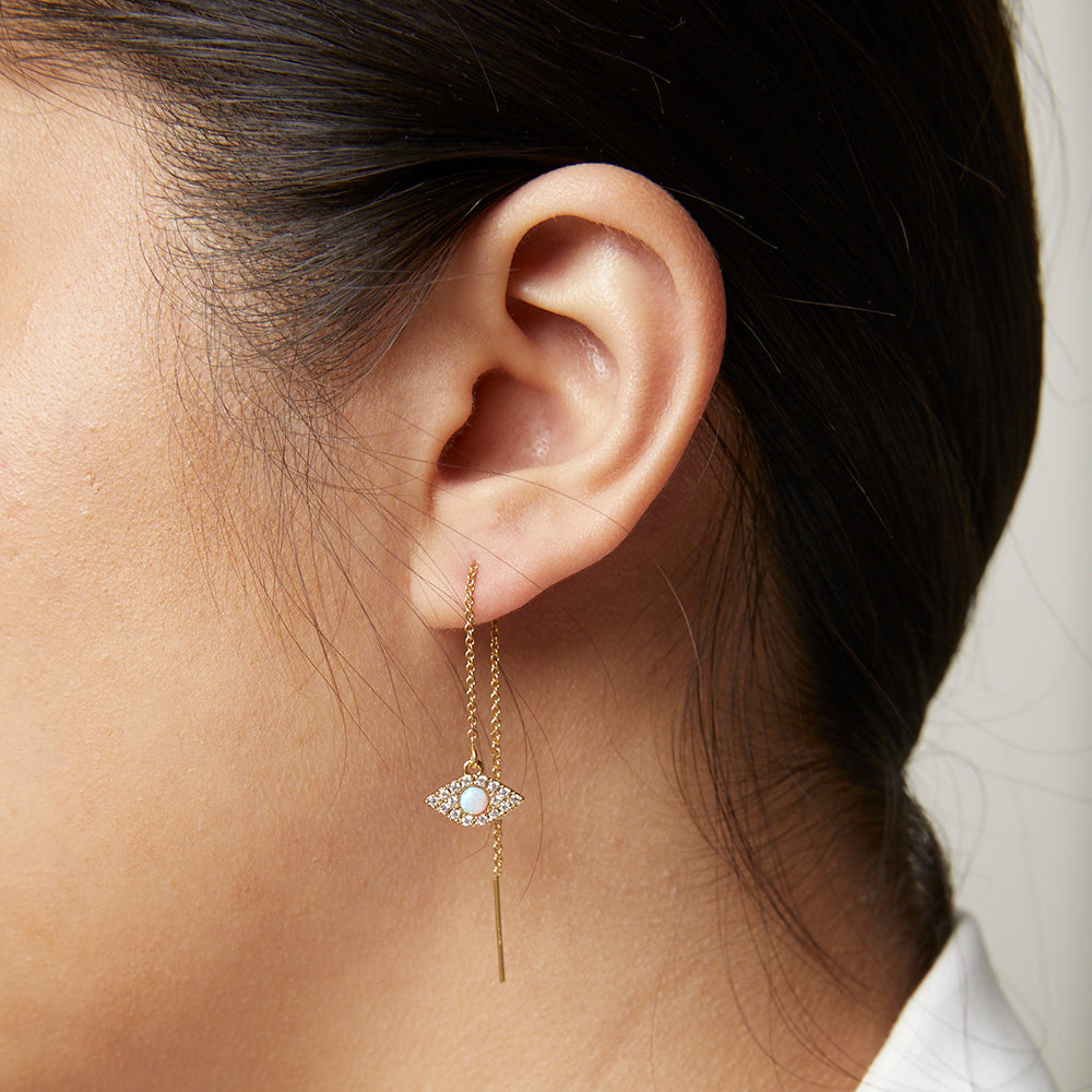 Pave CZ + Opal Evil Eye Threader Earrings