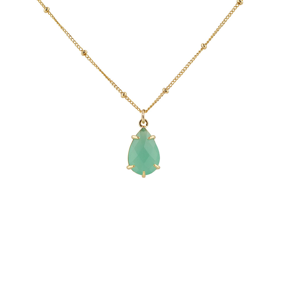 "Green Chalcedony" Glass Prong Teardrop Pendant Necklace
