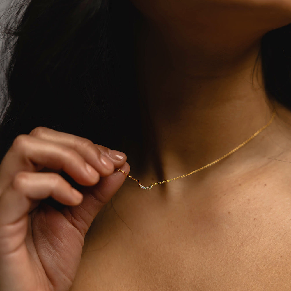 Tiny Pave CZ Curved Bar Necklace
