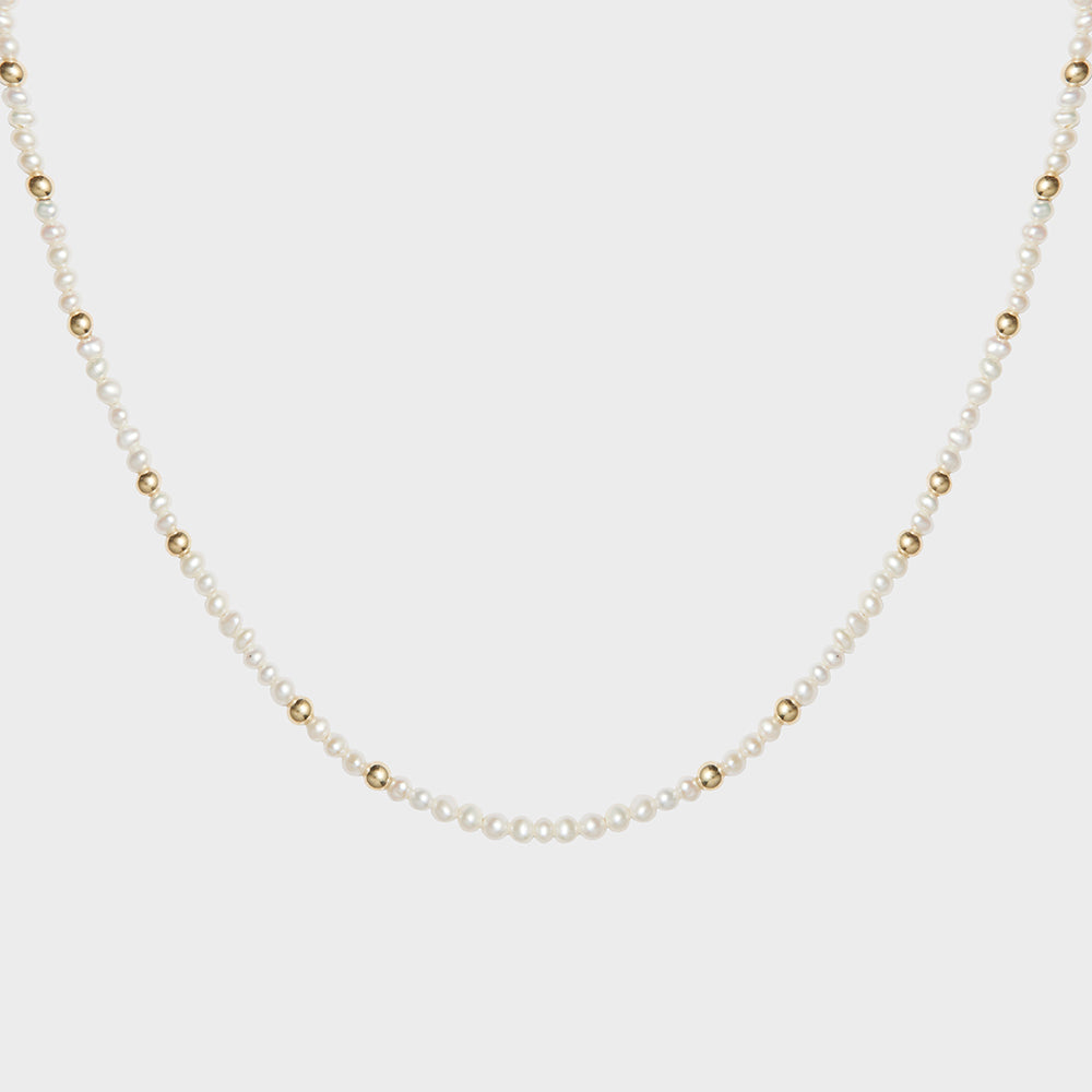 Strand Fresh Water Pearls + Gold Beads Choker Collar Necklace