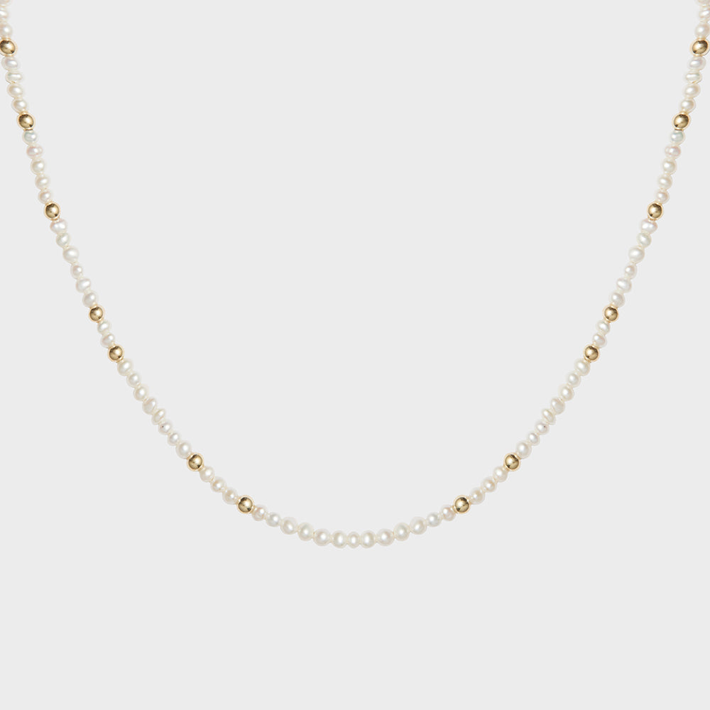 Strand Fresh Water Pearls + Gold Beads Choker Collar Necklace