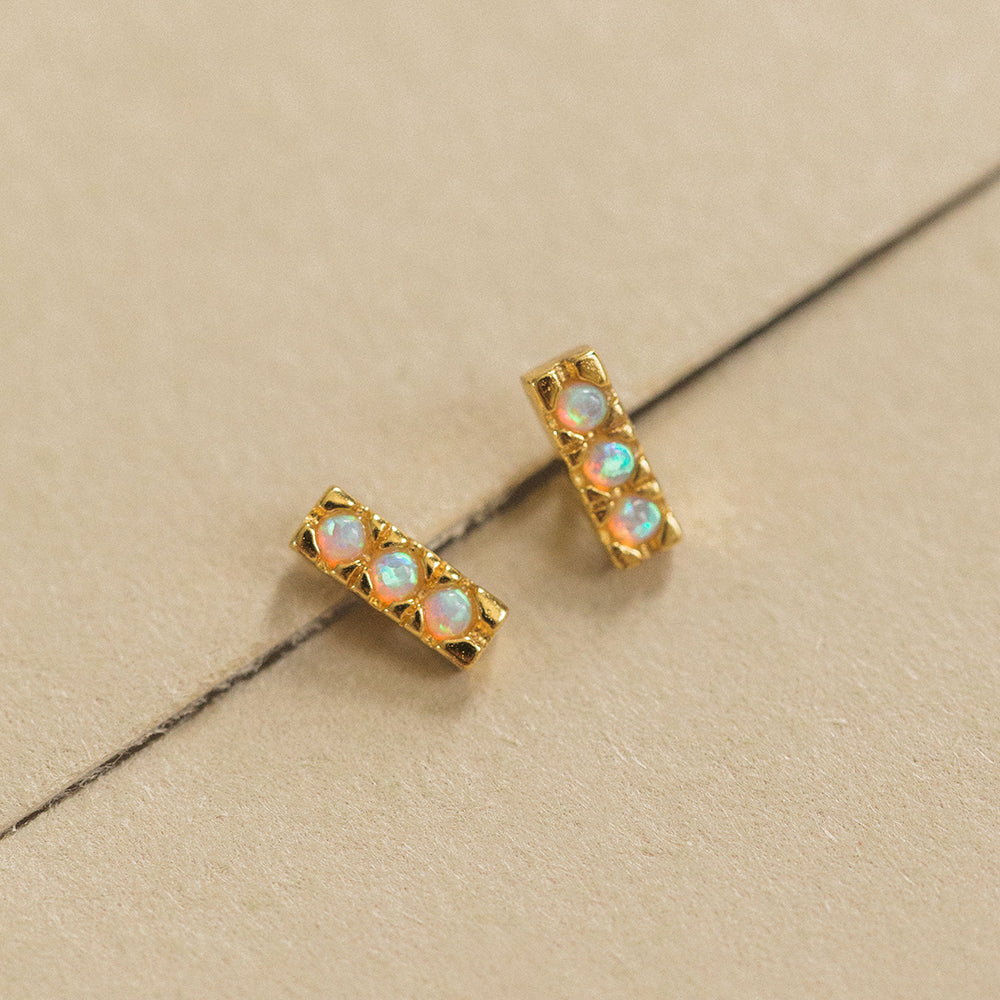 5mm Pave Trio Opals Bar Post Studs Earrings