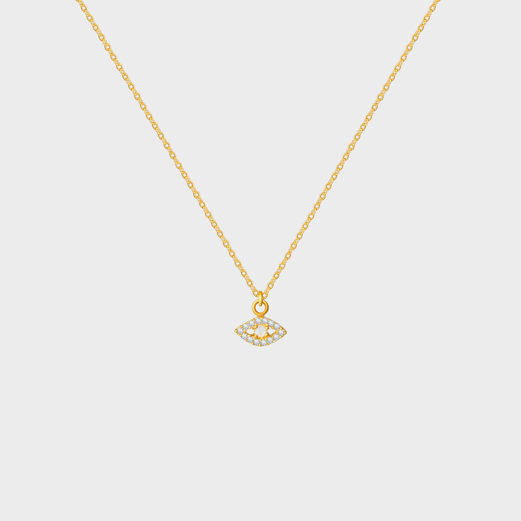 Tiny CZ Pave Evil Eye + Opal Necklace